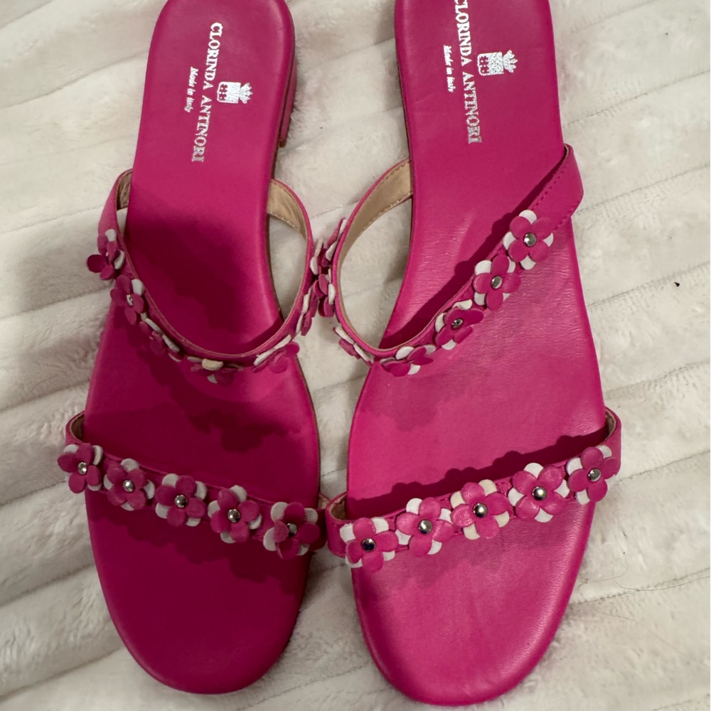 Women's Clorinda Antinori Leather Mules Pink  Flower Sandals Slides Size 10